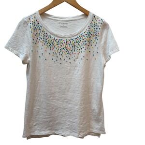 Talbots Womens White Beaded Sequin Embellished Cotton‎ Round Neck T-Shirt Size S